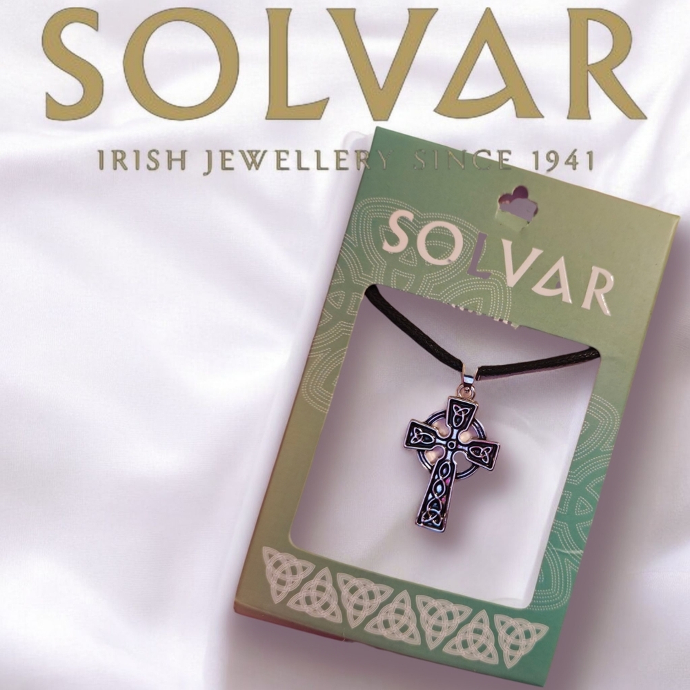 SOLVAR PLATED ANTIQUED CELTIC CROSS PENDANT w. Rope Chain NEW!